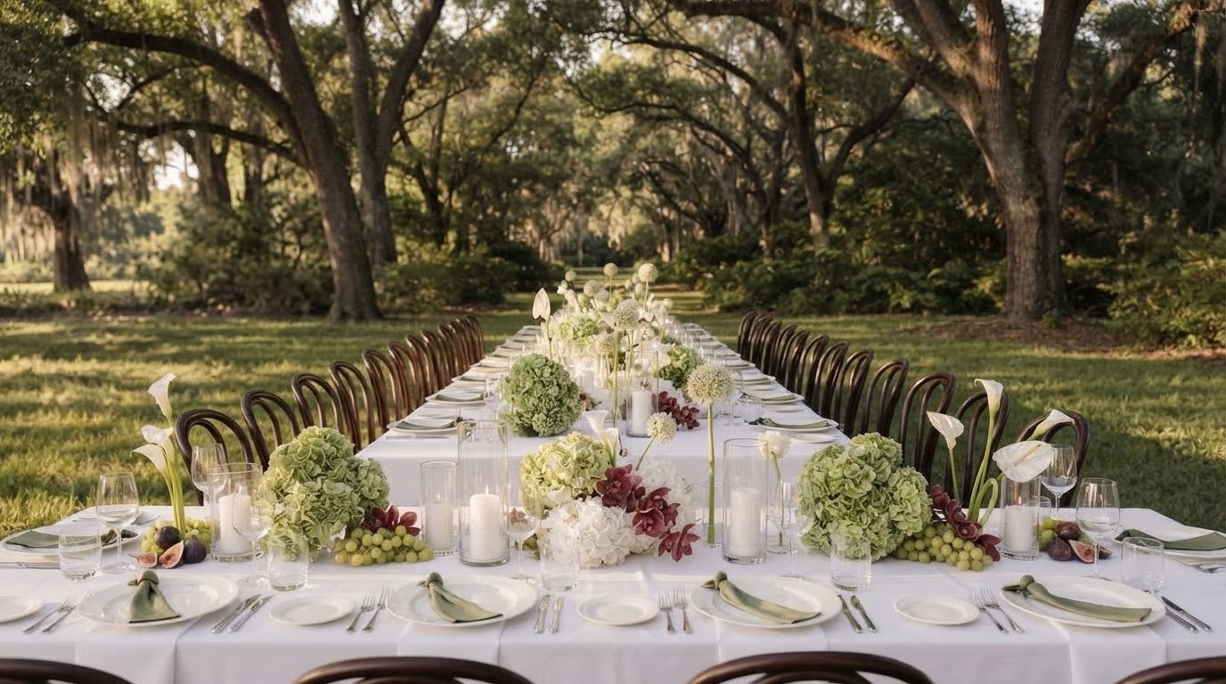 The engagement party table arranged beneath mature trees