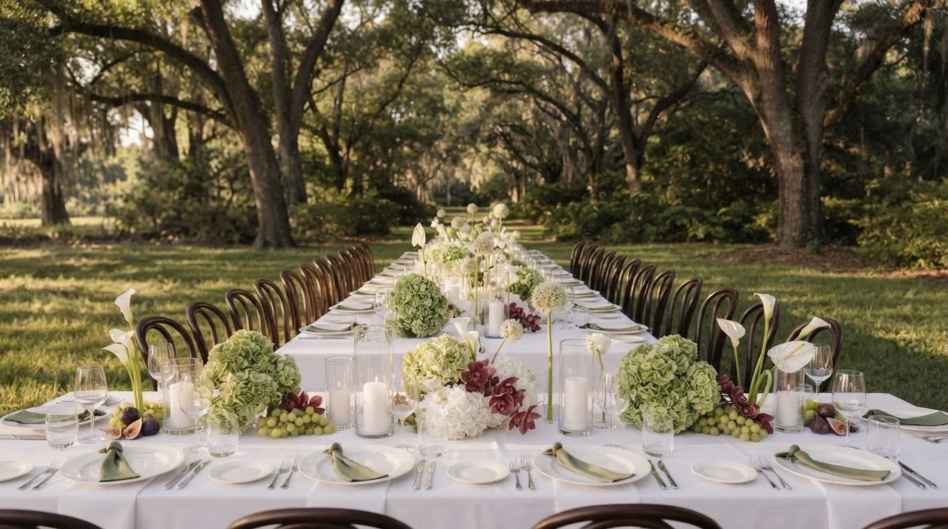 The Island Park Private Wealth client appreciation table beneath mature trees