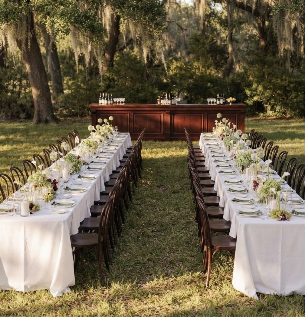Two long client dinner tables facing a garden bar beneath live oaks