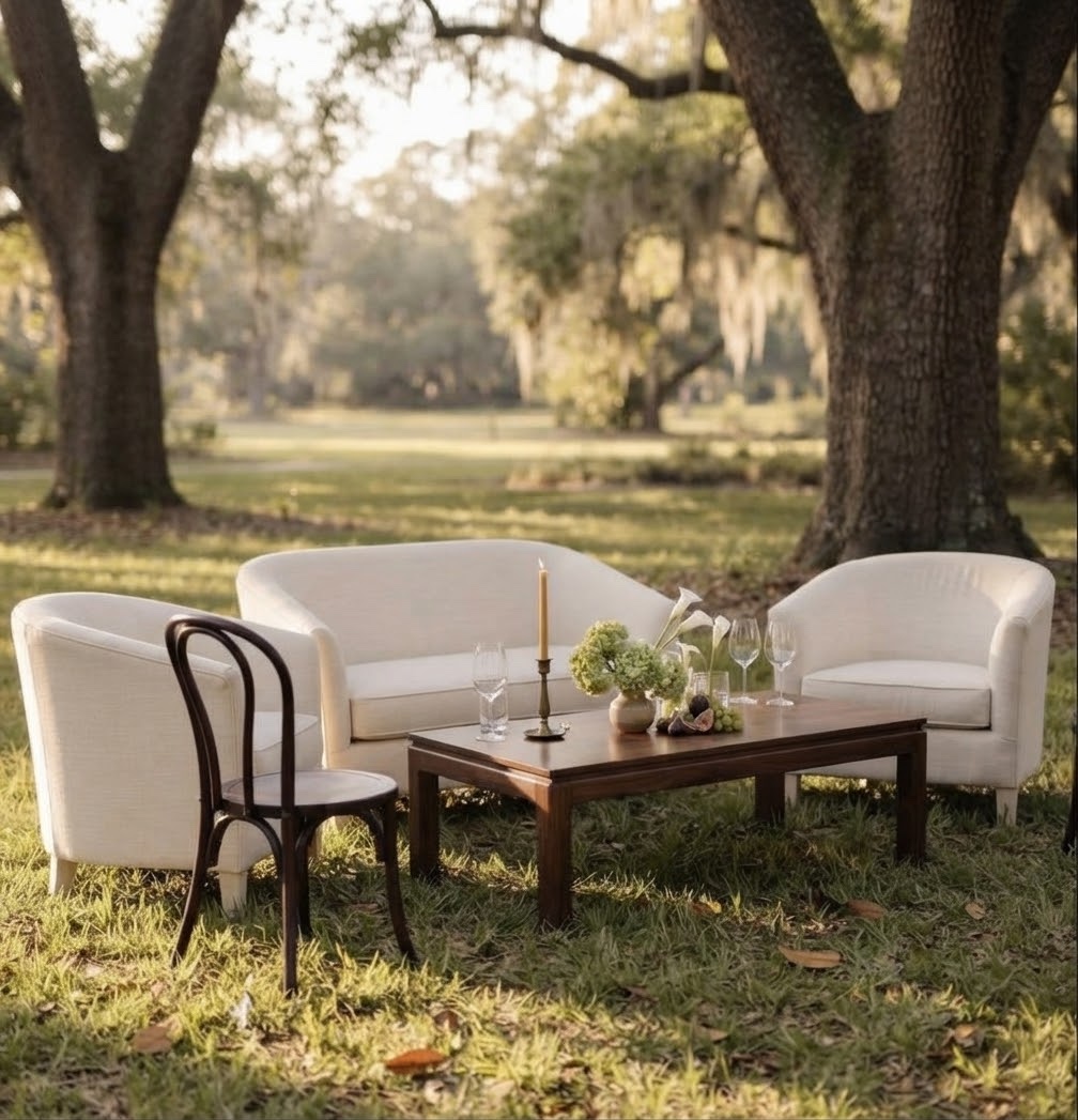 A quiet garden lounge arranged beside the Island Park Private Wealth client event