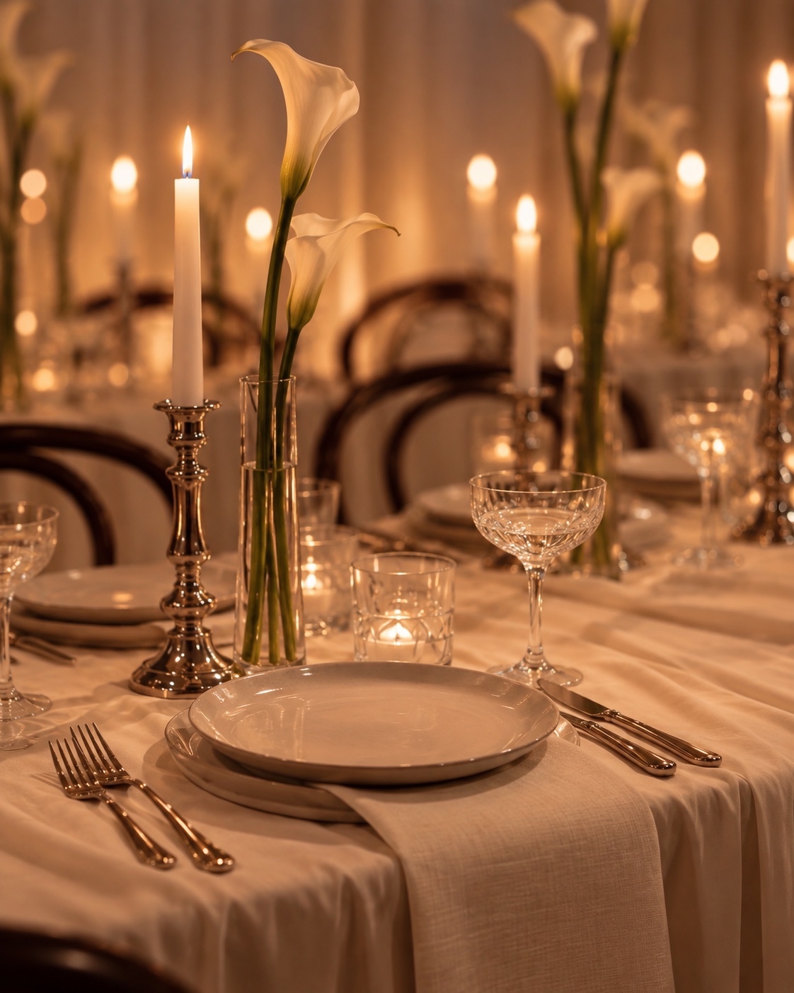 A candlelit place setting with a calla lily at the Morgan Stanley Roccki Group client dinner