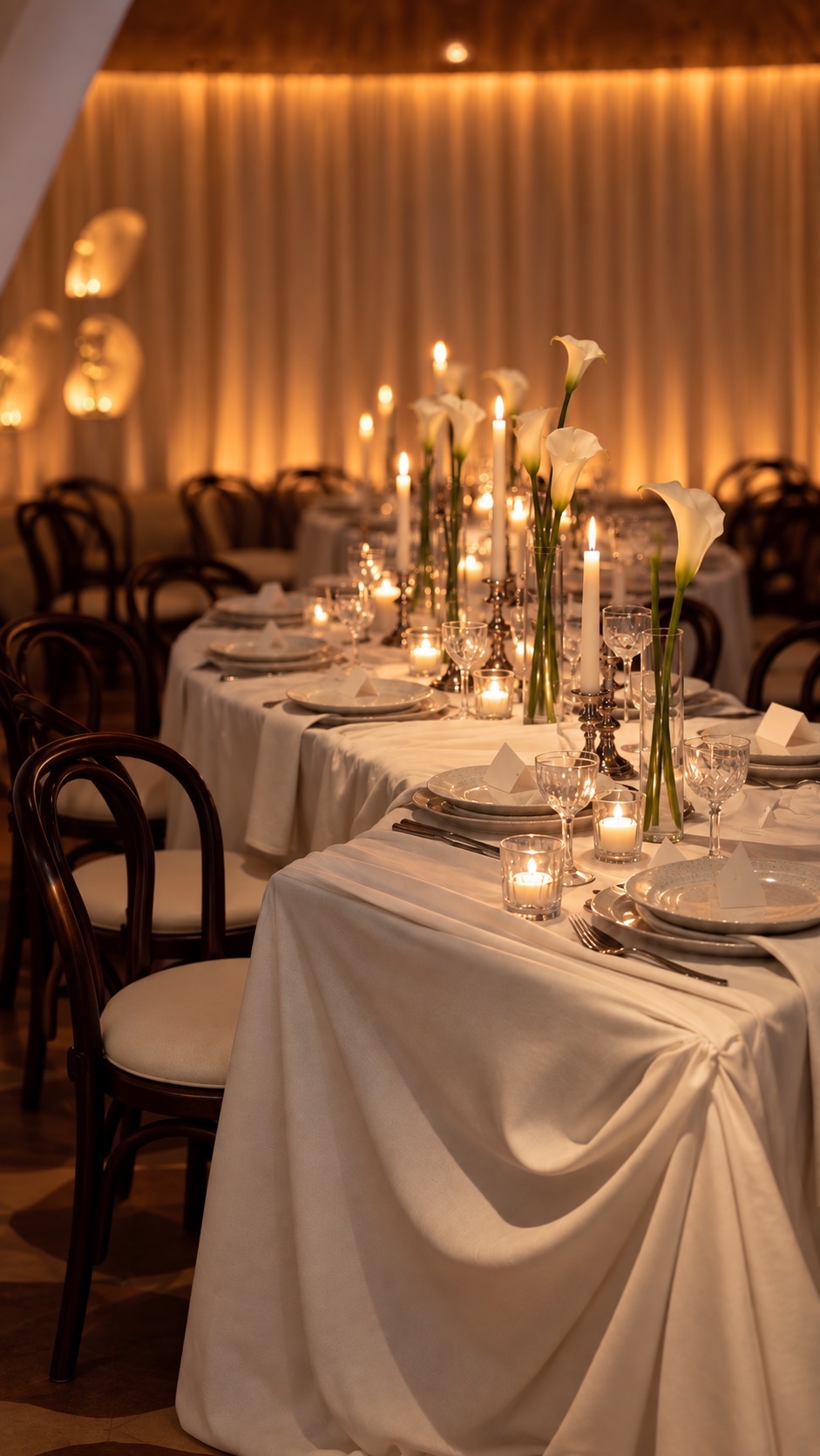 A warm view along the calla lily and candle tablescape for the Morgan Stanley Roccki Group