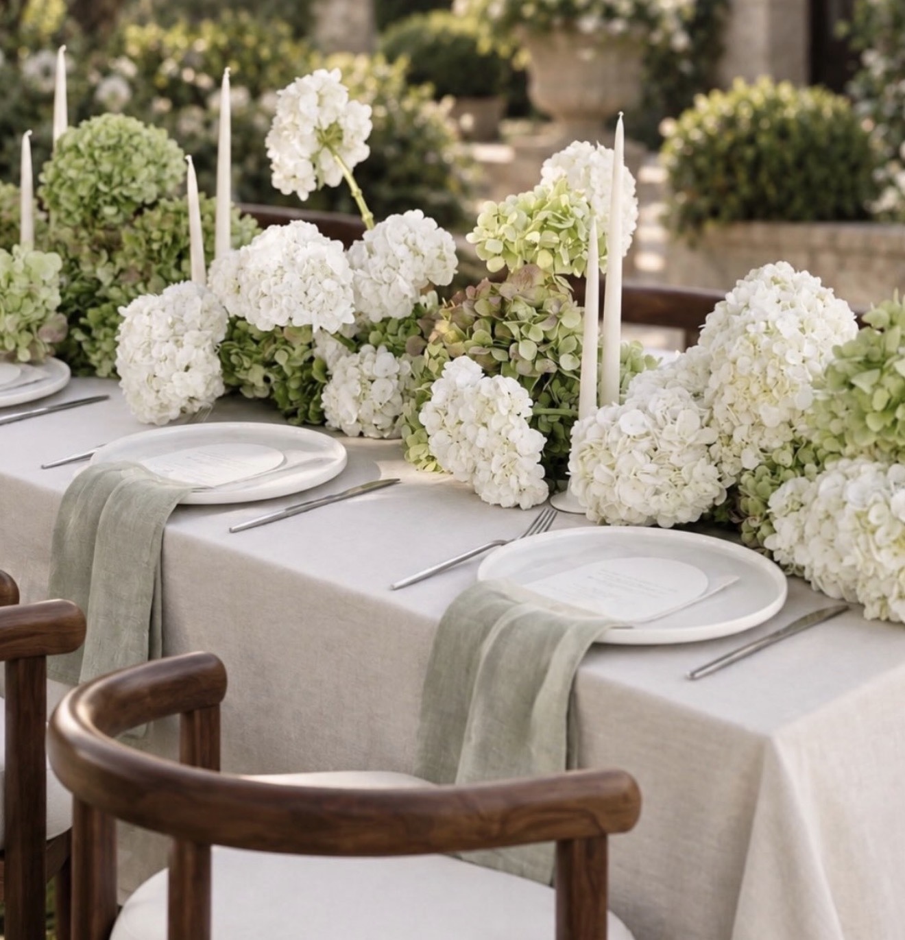 A spring table with white and green hydrangeas for the Morgan Stanley Roccki Group